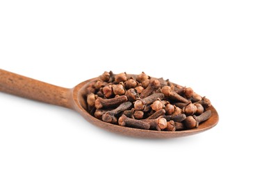 Photo of Wooden spoon with aromatic dry cloves isolated on white, closeup