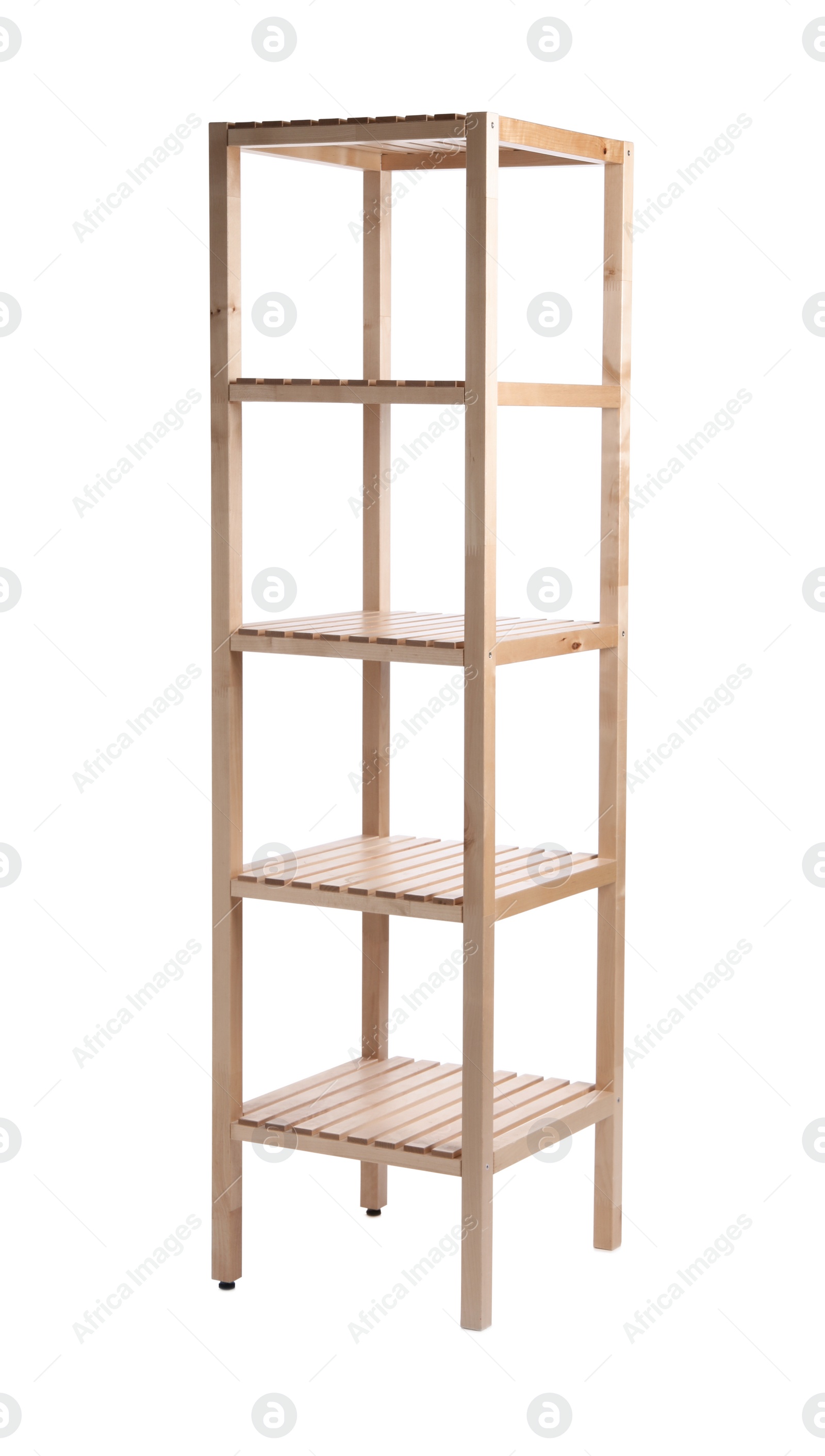Photo of Empty wooden shelving unit isolated on white