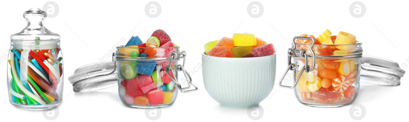 Image of Set of different jelly candies on white background. Banner design