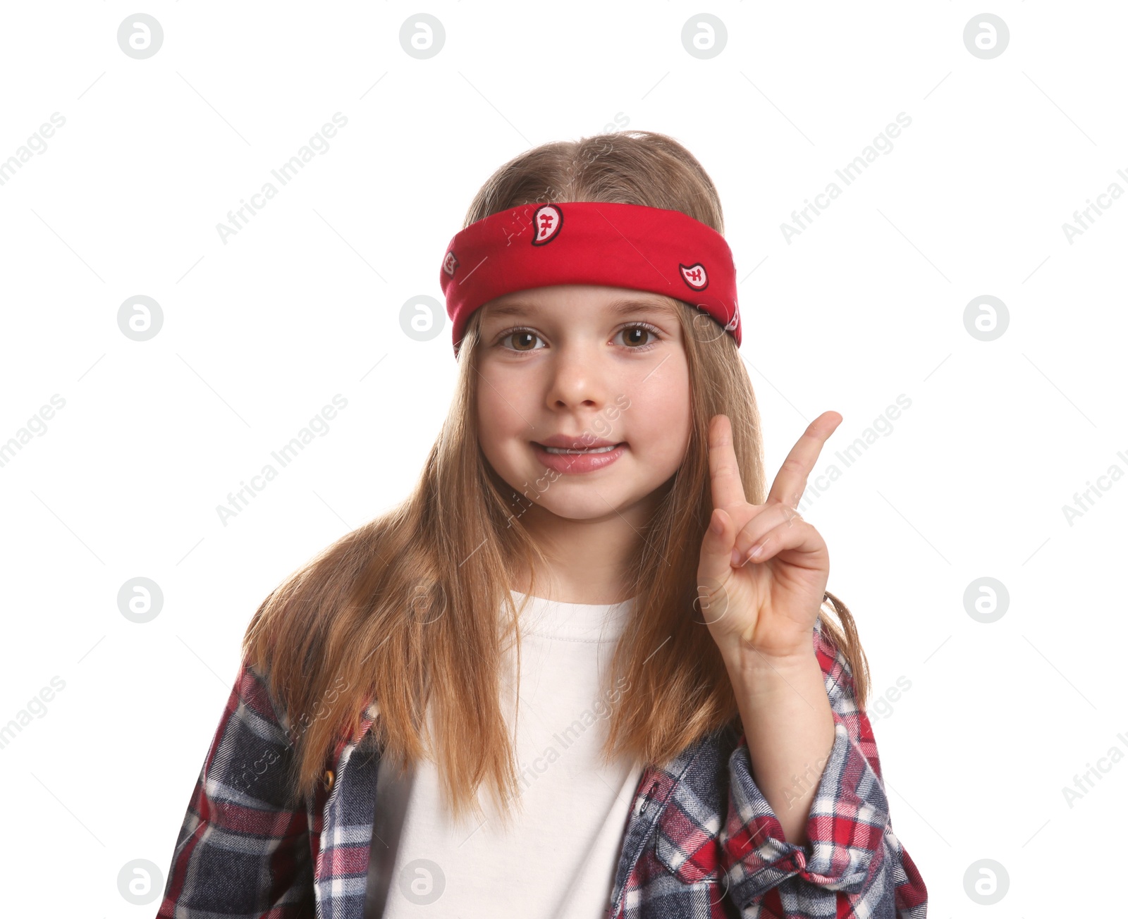 Photo of Cute little girl wearing stylish bandana on white background