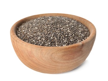 Photo of Chia seeds in wooden bowl isolated on white