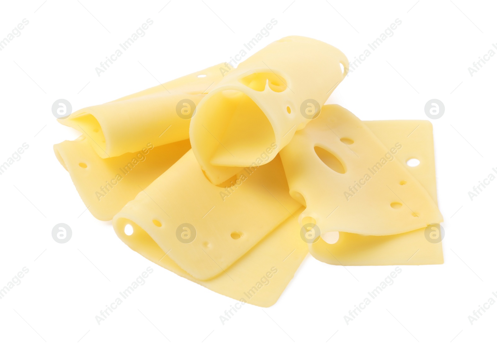 Photo of Slices of tasty fresh cheese isolated on white