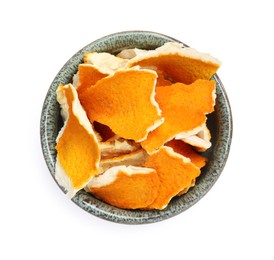 Dry orange peels in bowl isolated on white, top view