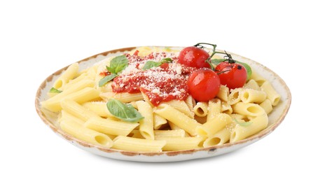 Photo of Tasty pasta with tomato sauce, cheese and basil isolated on white