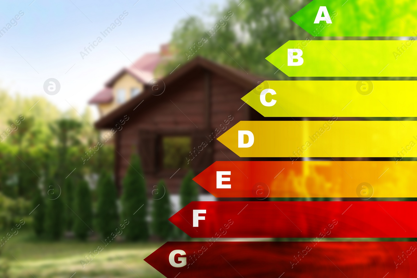 Image of Energy efficiency rating and blurred view of house outdoors