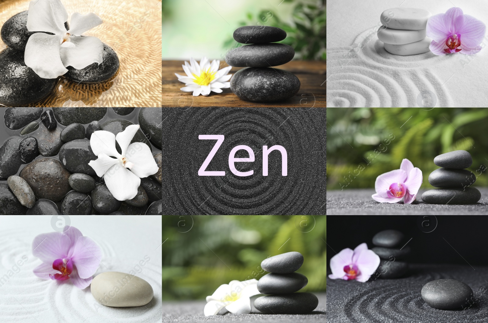 Image of Collage with beautiful photos of stones. Zen and harmony