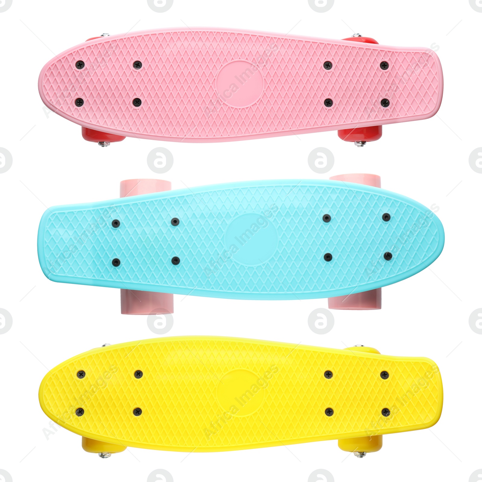 Image of Set with different colorful skateboards on white background, top view. Sport equipment