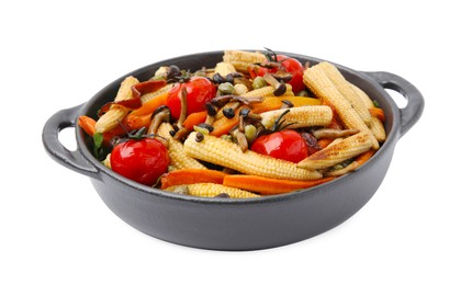 Photo of Tasty roasted baby corn with tomatoes, capers and mushrooms isolated on white