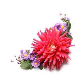 Photo of Flat lay composition with beautiful pink dahlia flower and space for text on white background