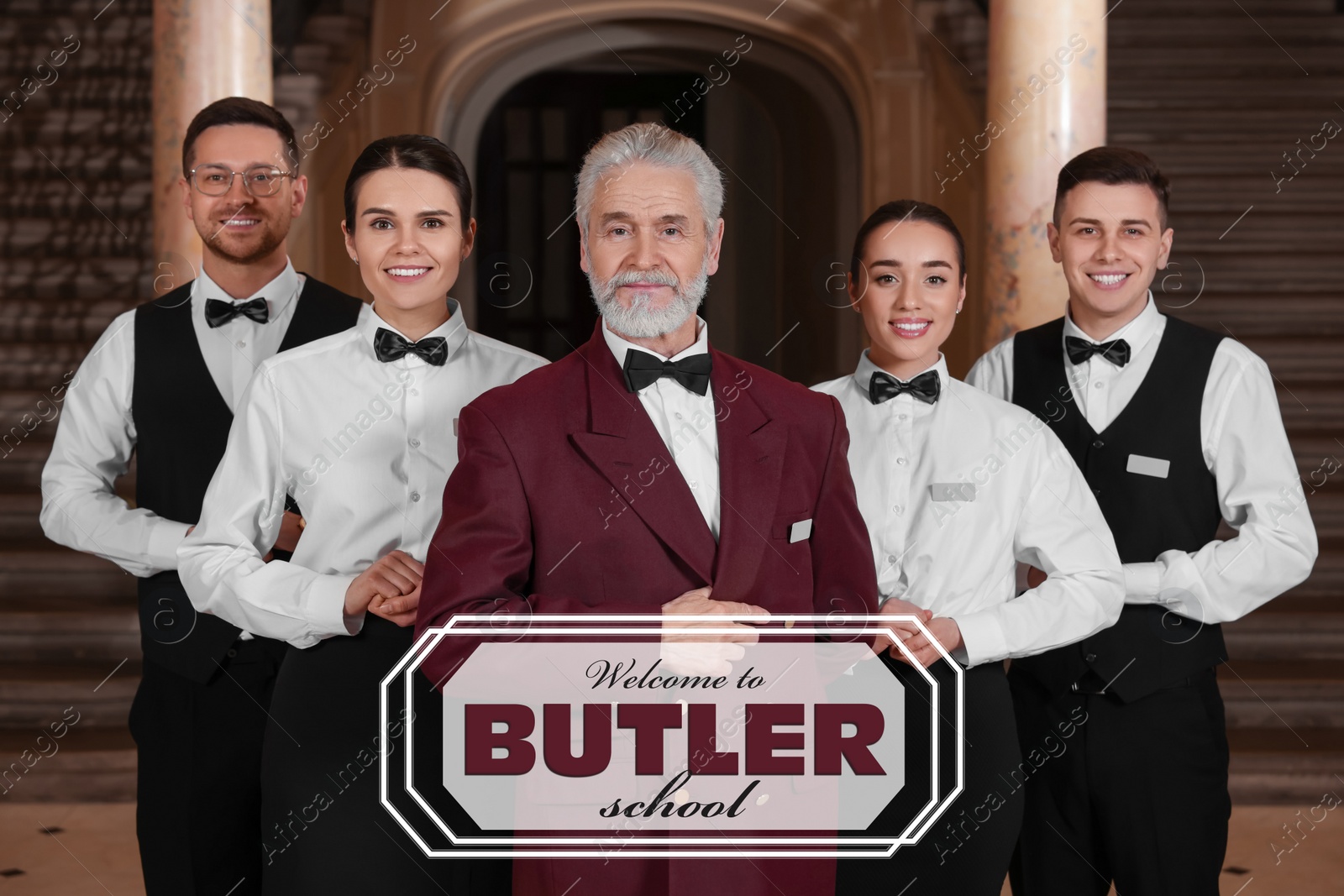 Image of Group of young trainees with teacher in hotel and text Welcome To Butler School