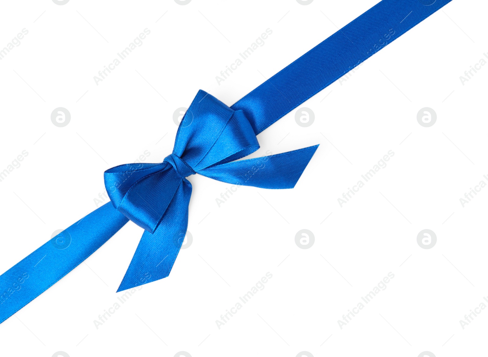 Photo of Blue satin ribbon with bow on white background, top view
