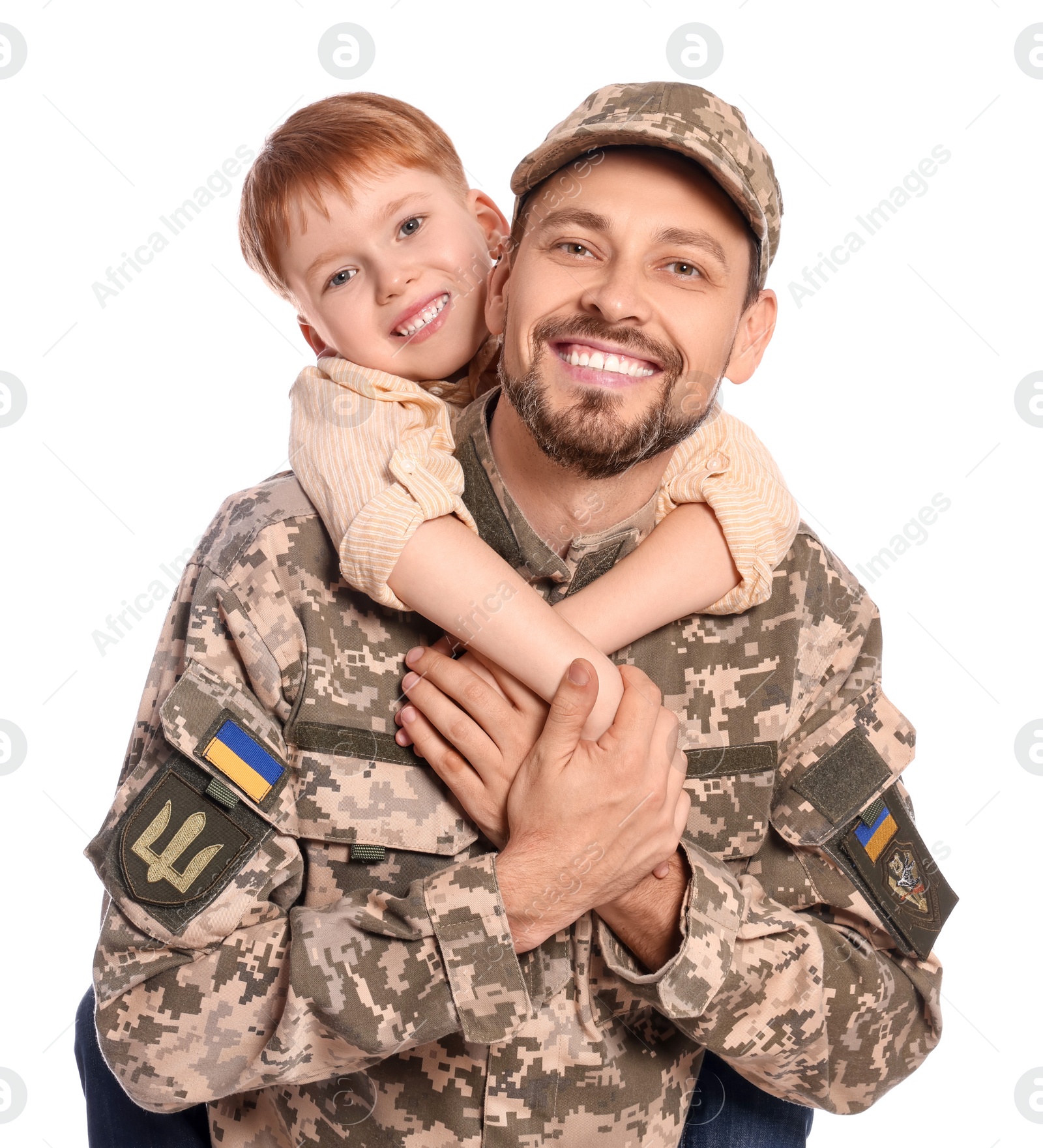 Photo of Ukrainian defender in military uniform with his little son on white background