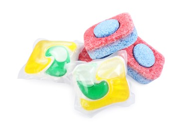 Photo of Dishwasher detergent pods and tablets on white background