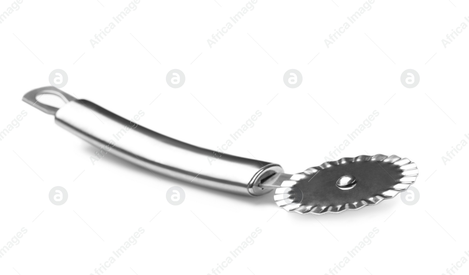 Photo of New pizza cutter with metal handle isolated on white