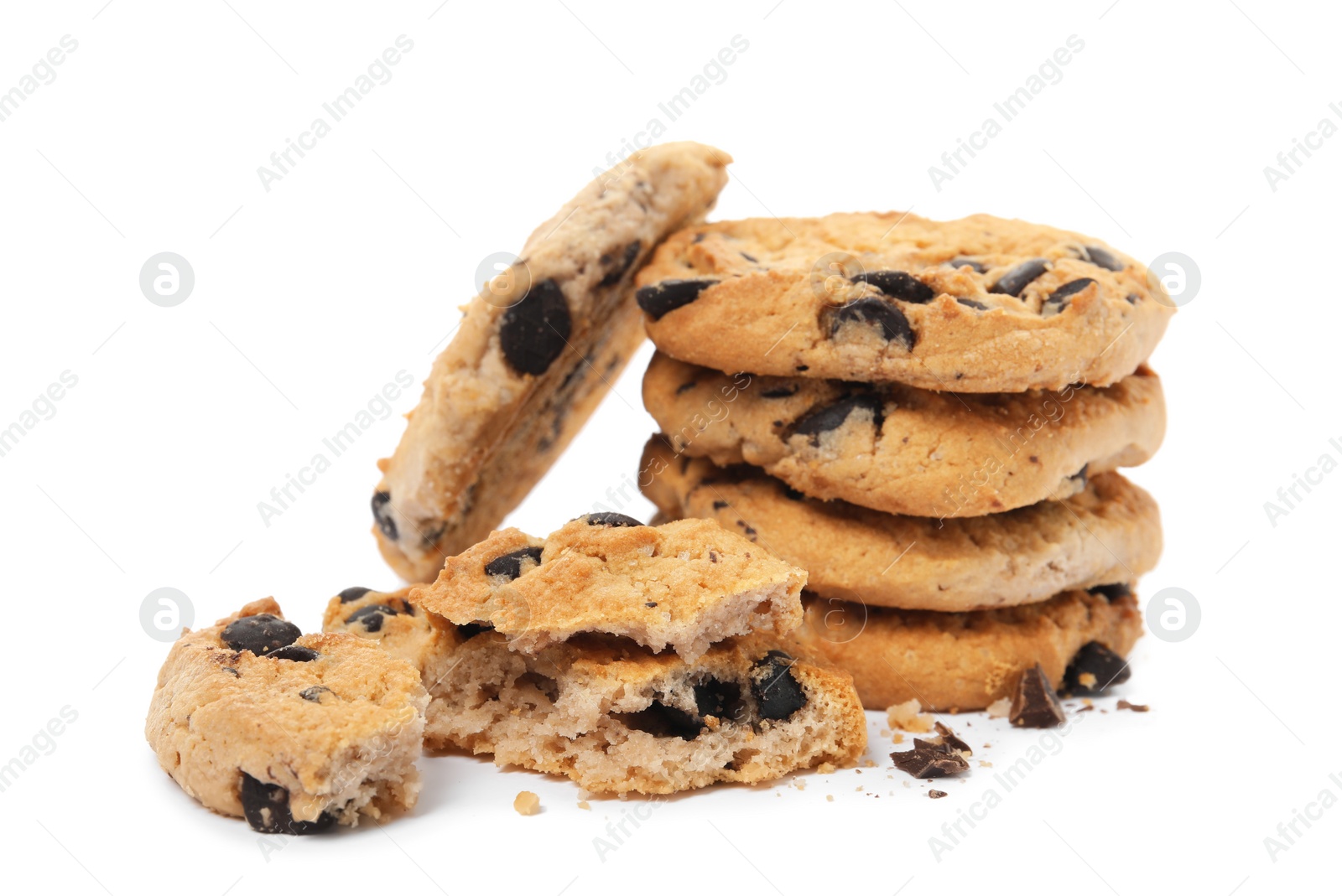 Photo of Tasty chocolate chip cookies on white background