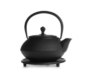 Black teapot with stand isolated on white