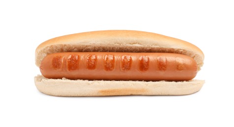 Photo of Delicious hot dog bun with sausage on white background