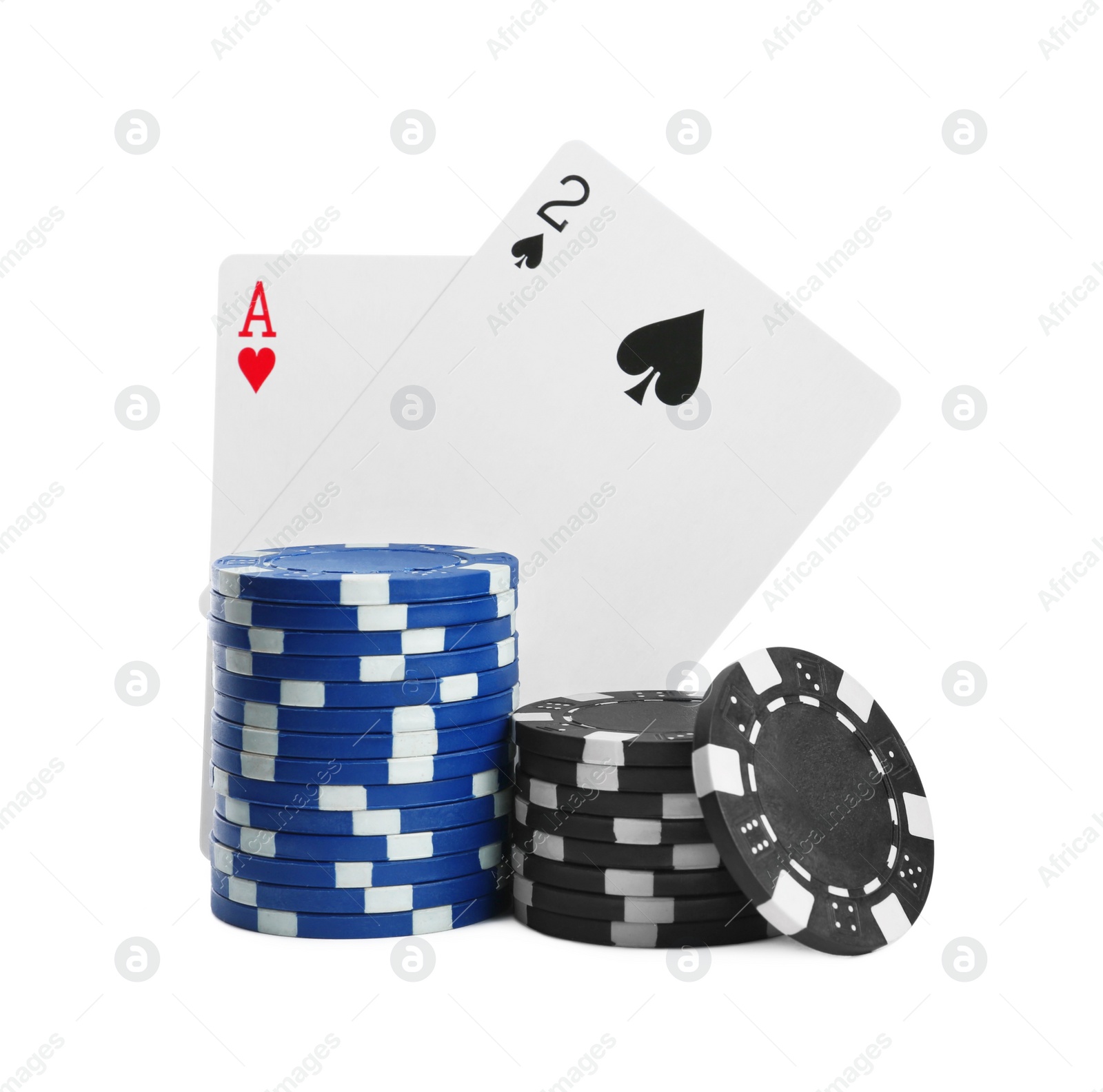 Photo of Playing cards and plastic casino chips on white background. Poker game