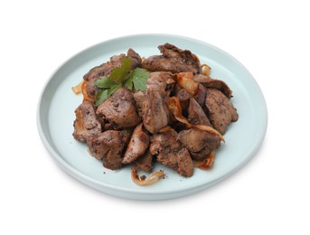 Photo of Tasty fried chicken liver with onion and parsley isolated on white