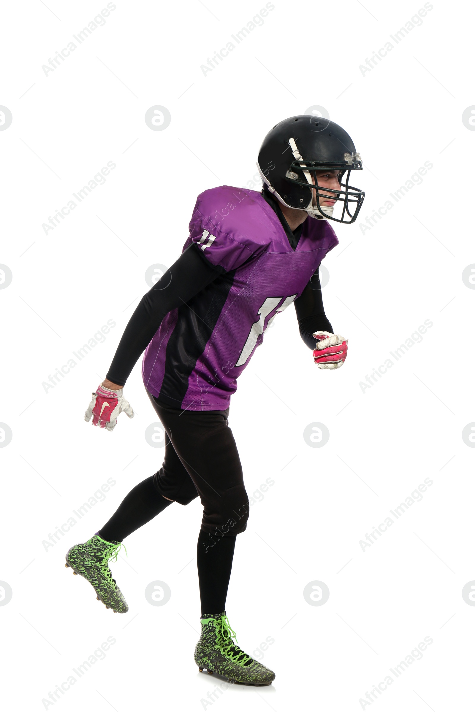 Photo of American football player wearing uniform on white background