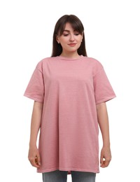 Photo of Smiling woman in stylish pink t-shirt on white background