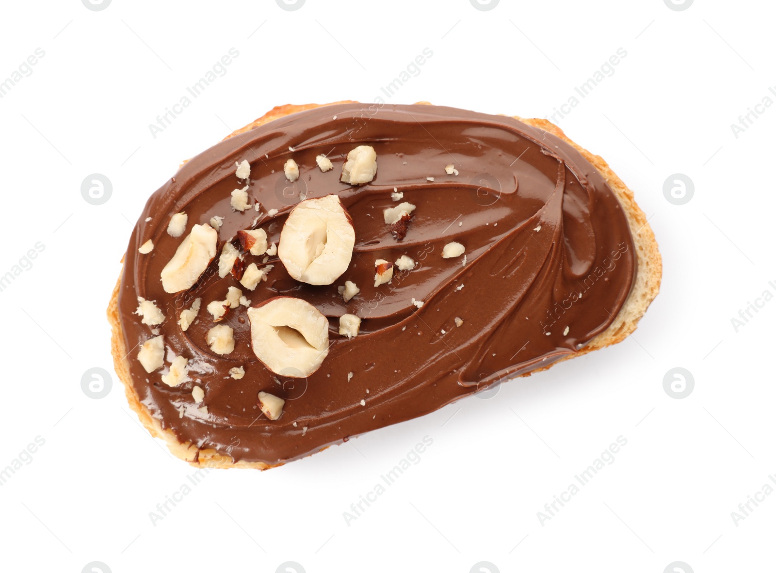 Photo of Bread with tasty chocolate spread and pieces of hazelnuts on white background, top view