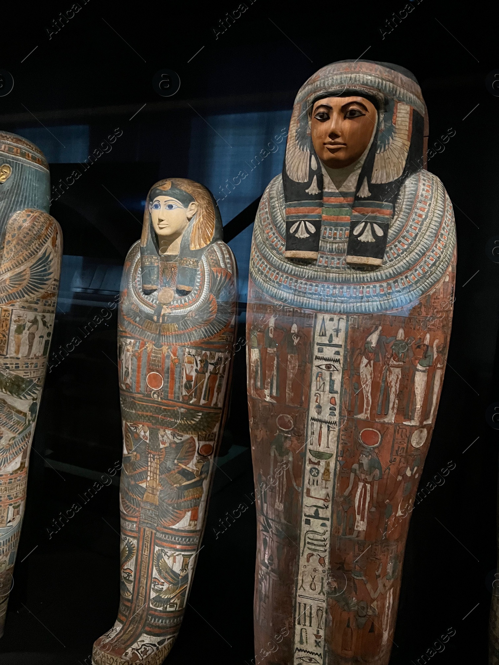 Photo of LEIDEN, NETHERLANDS - AUGUST 07, 2022: Display with Ancient Egyptian sarcophagi in National Museum of Antiquities (Rijksmuseum van Oudheden)