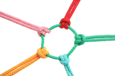 Photo of Colorful ropes tied together on white background. Unity concept