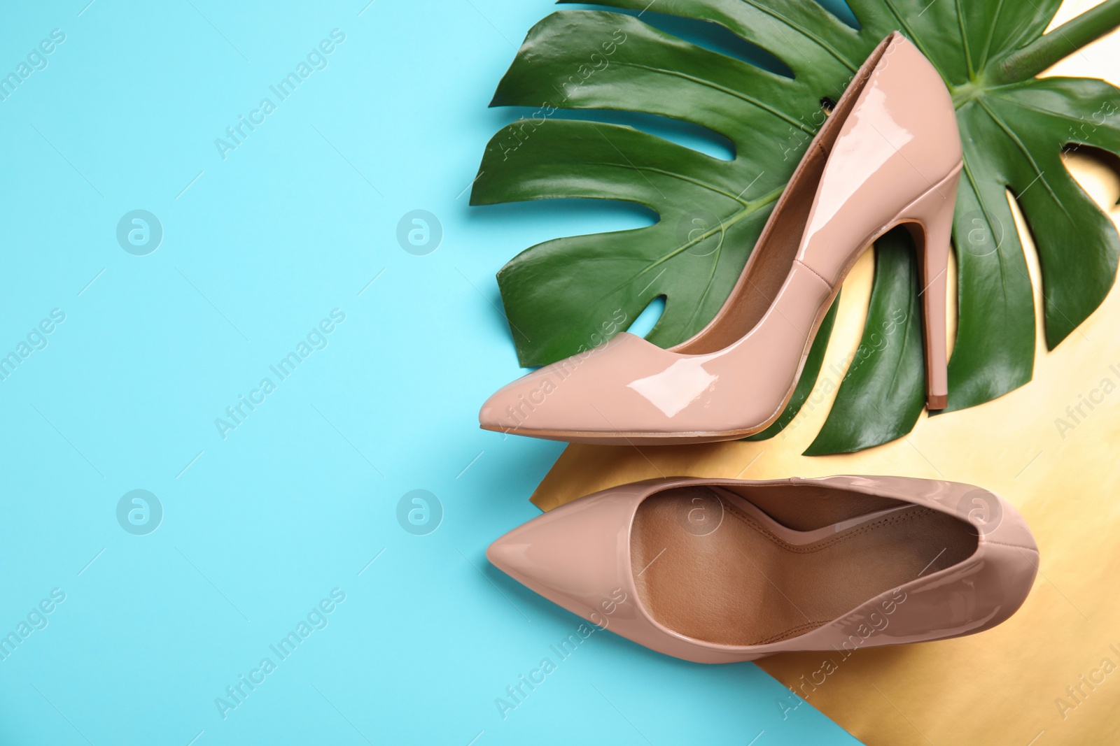 Photo of Flat lay composition with pair of beautiful shoes, monstera leaf and space for text on color background