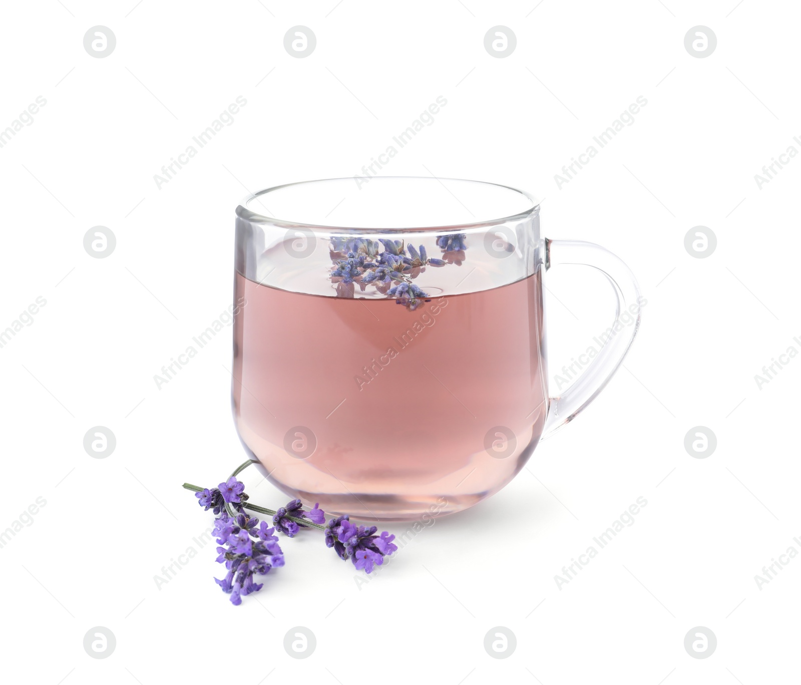 Photo of Fresh delicious tea with lavender and beautiful flowers isolated on white