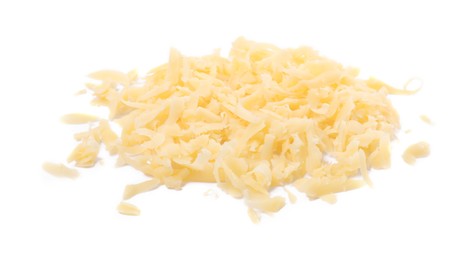 Photo of Pile of tasty grated cheese isolated on white