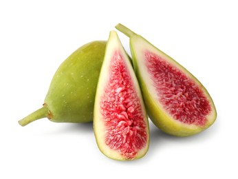 Photo of Cut and whole fresh green figs isolated on white