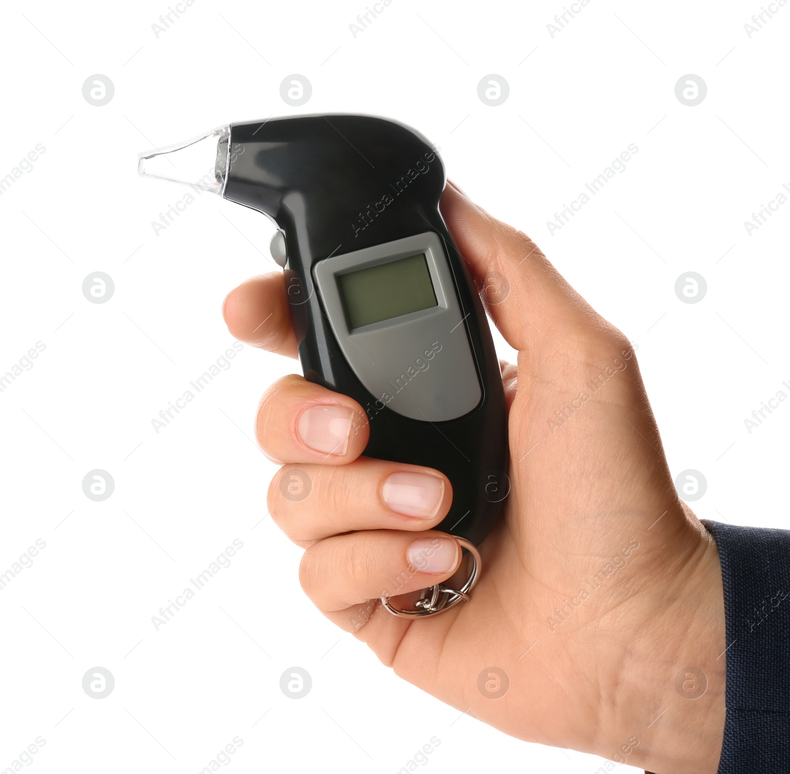 Photo of Woman holding modern breathalyzer on white background, closeup