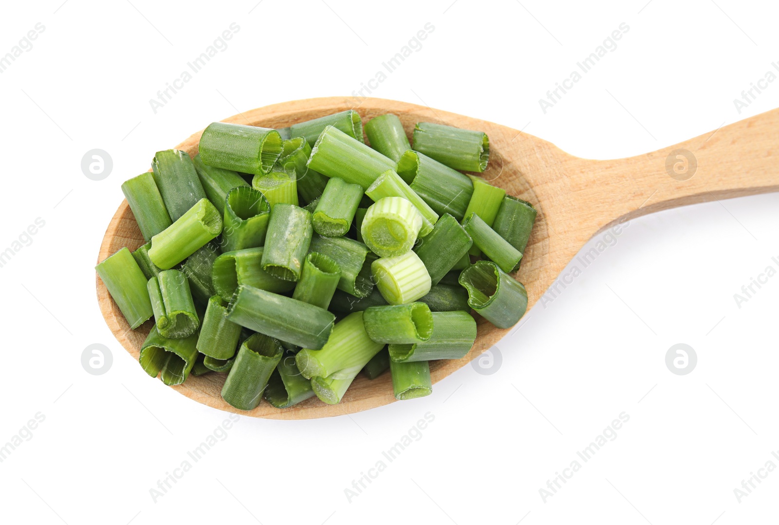 Photo of Spoon with chopped green onion on white background, top view