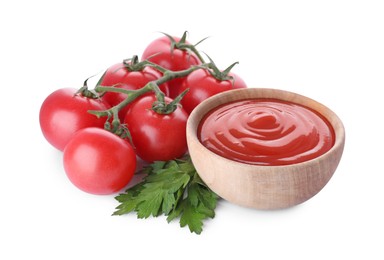 Photo of Bowl with tasty ketchup, parsley and fresh tomatoes isolated on white