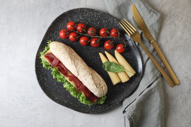 Photo of Delicious sandwich with bresaola served on light grey table, top view