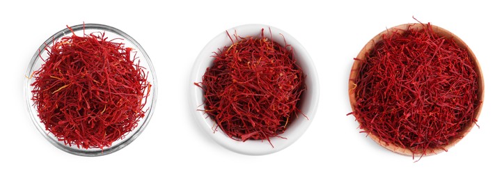 Image of Set with aromatic saffron on white background, top view. Banner design