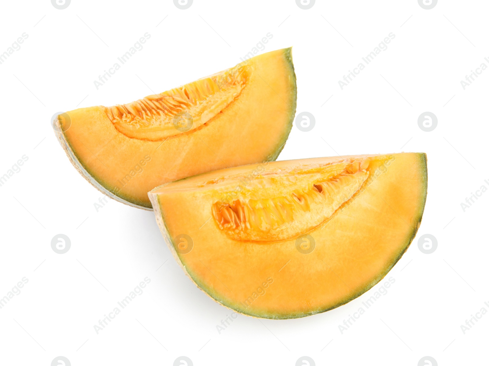 Photo of Cut tasty fresh melon isolated on white