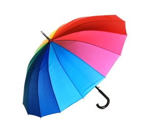 Photo of Open rainbow color umbrella on white background