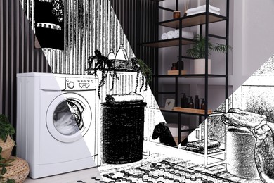 From idea to realization. Beautiful bathroom interior with washing machine and houseplants. Collage of photo and sketch
