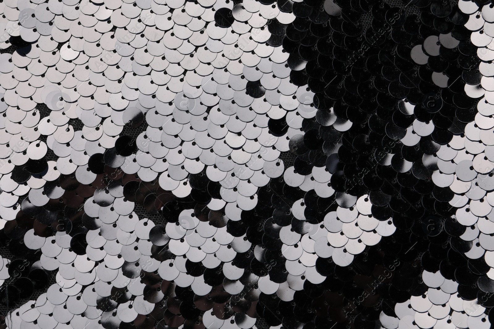 Photo of Beautiful black sequin fabric as background, top view