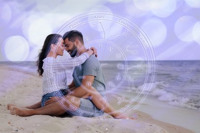 Image of Horoscope compatibility. Loving couple and zodiac wheel