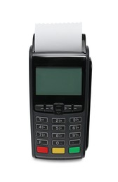 Payment terminal with thermal paper for receipt isolated on white, top view