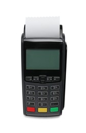 Photo of Payment terminal with thermal paper for receipt isolated on white, top view