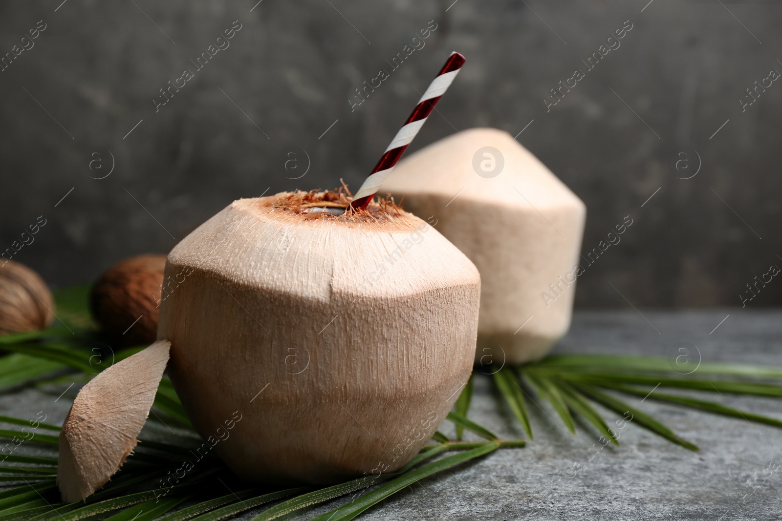 Photo of Young peeled coconut with straw and palm leaf on grey table