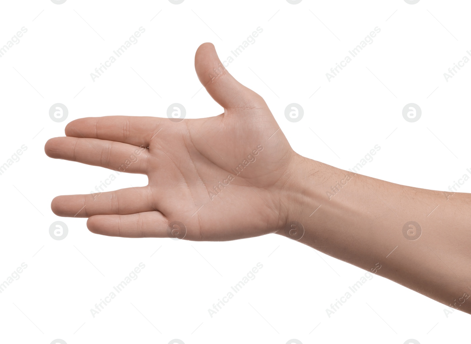 Photo of Man showing hand on white background, closeup