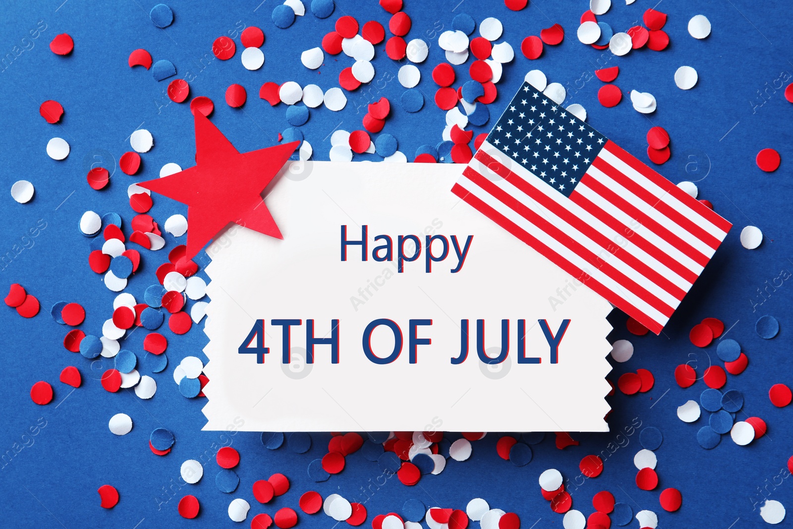 Photo of Flat lay composition with greeting card, USA flag and confetti on color background. Happy Independence Day