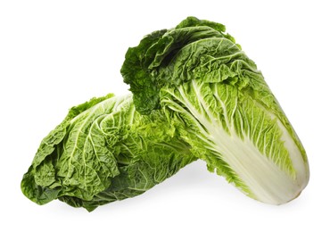 Photo of Fresh tasty Chinese cabbages on white background