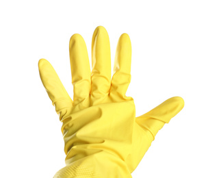 Photo of Person in rubber glove on white background, closeup of hand