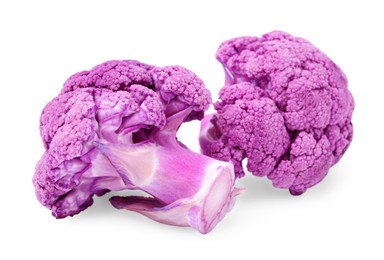 Photo of Cut purple cauliflowers on white background. Healthy food